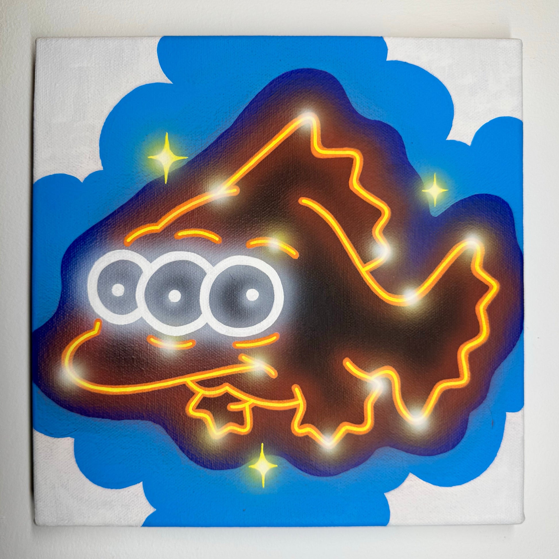 Neon-style illustration of a fish with glowing outlines on a blue background